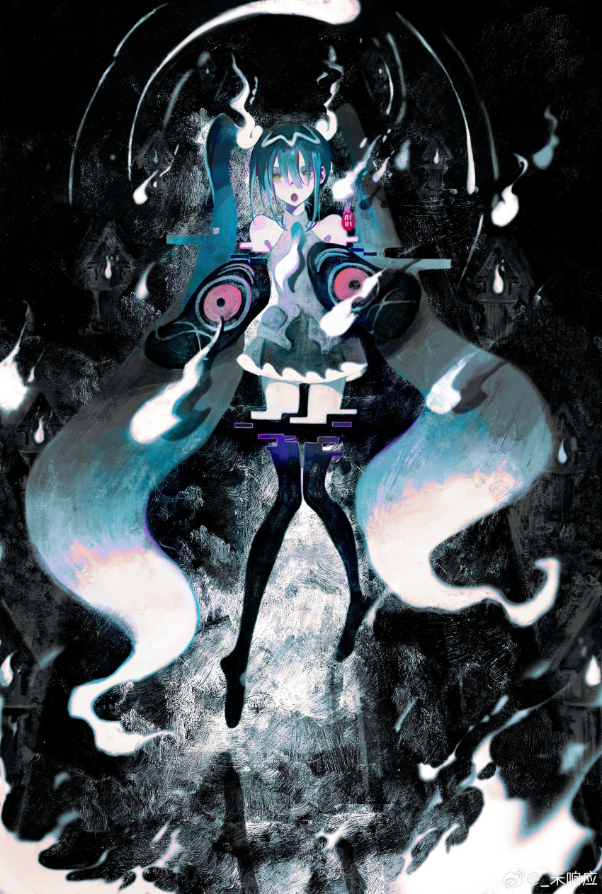 1girl :o absurdly_long_hair absurdres bare_shoulders black_sleeves black_thighhighs blue_hair dark_background detached_arm detached_legs detached_sleeves floating full_body ghost_miku_(project_voltage) glitch gradient_hair grey_shirt grey_skirt hair_between_eyes hands_up hatsune_miku highres long_hair looking_at_viewer multicolored_hair necktie open_mouth pale_skin pokemon print_sleeves project_voltage see-through see-through_skirt shirt skirt sleeveless sleeveless_shirt sleeves_past_fingers sleeves_past_wrists solo thighhighs twintails very_long_hair vocaloid weixiangying white_hair white_necktie will-o'-the-wisp_(mythology) yellow_eyes