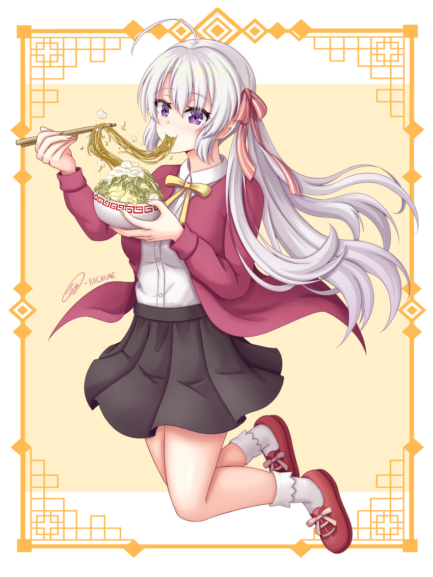 1girl :t absurdres ahoge ayachi_nene black_skirt blush border bowl casual chopsticks closed_mouth commentary eating english_commentary eyelashes eyes_visible_through_hair floating_hair food full_body grey_hair hachiune hair_between_eyes hair_ribbon hand_up highres holding holding_bowl holding_chopsticks jacket jirou_(ramen) long_hair long_sleeves looking_at_food meme menkata_(meme) midair miniskirt neck_ribbon noodles official_alternate_costume official_alternate_hairstyle open_clothes open_jacket pleated_skirt purple_eyes ramen red_footwear red_jacket red_ribbon ribbon sanoba_witch shirt side_ponytail sidelocks signature simple_background skirt socks solo very_long_hair white_border white_shirt white_socks yellow_background yellow_ribbon