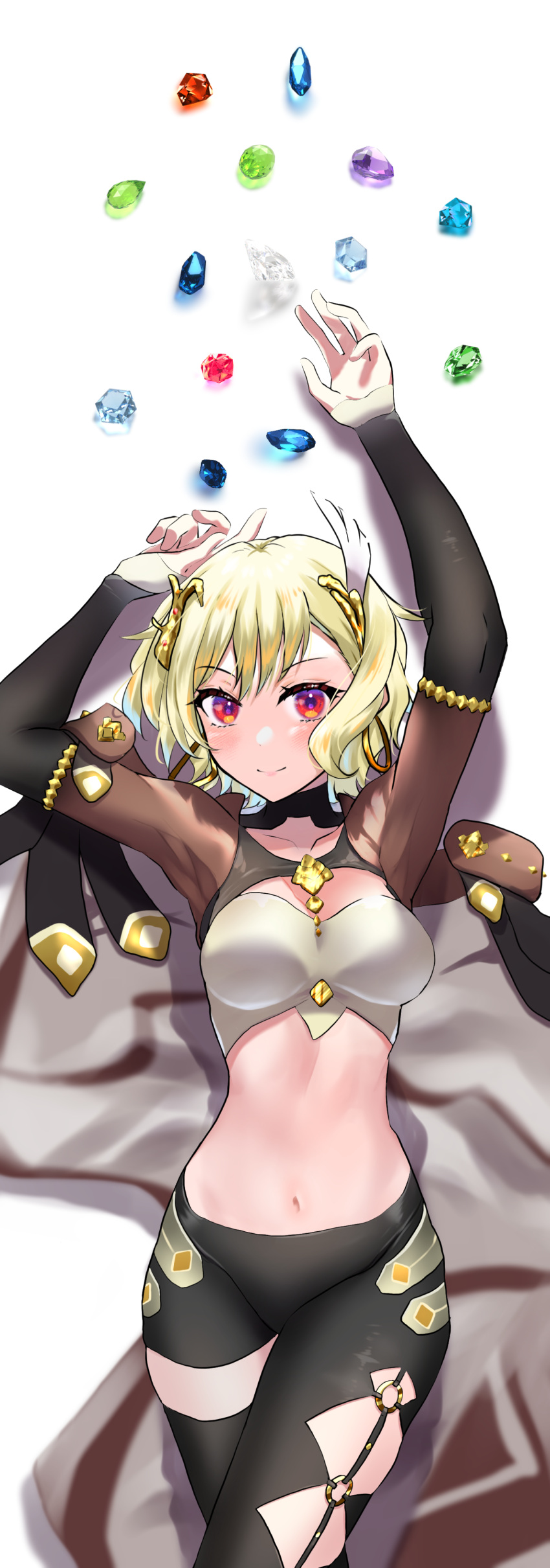 1girl absurdres arms_up asymmetrical_clothes black_pants black_thighhighs blonde_hair breasts citrinne_(fire_emblem) commentary_request cowboy_shot crop_top earrings feather_hair_ornament feathers fire_emblem fire_emblem_engage gem hair_ornament highres hoop_earrings jewelry large_breasts leggings long_sleeves looking_at_viewer midriff mu_tu_bu navel pants red_eyes short_hair single_pantsleg single_thighhigh solo standing stomach thighhighs white_background