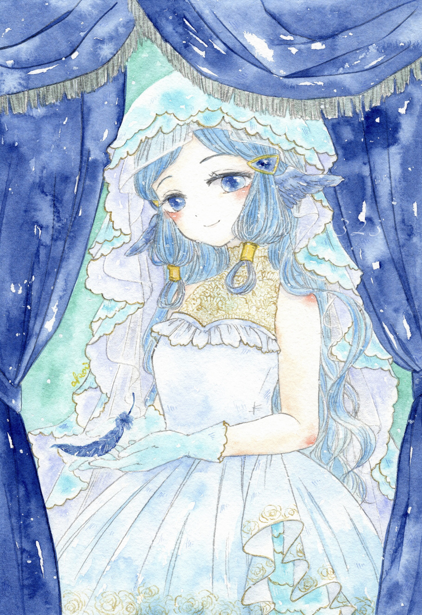 1girl absurdres akai0323 bare_shoulders blue_curtain blue_eyes blue_feathers blue_hair blush closed_mouth dot_nose dress elbow_blush eyelashes feathers gloves hair_ornament hair_rings head_wings highres long_hair original painting_(medium) shoulder_blush signature smile solo traditional_media veil very_long_hair watercolor_(medium) white_dress white_gloves wings