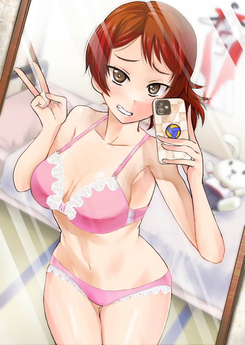 1girl absurdres bed bedroom blurry blurry_background bra breasts brown_eyes brown_hair cellphone commentary commission cowboy_shot false_smile girls_und_panzer grin highres holding holding_phone indoors kawanishi_shinobu lace-trimmed_panties lace_trim looking_at_viewer medium_breasts mirror nabeyu navel panties phone pink_bra pink_panties pixiv_commission reflection selfie short_hair short_ponytail smartphone smile solo sportswear stuffed_animal stuffed_toy textless_version underwear underwear_only v volleyball volleyball_uniform