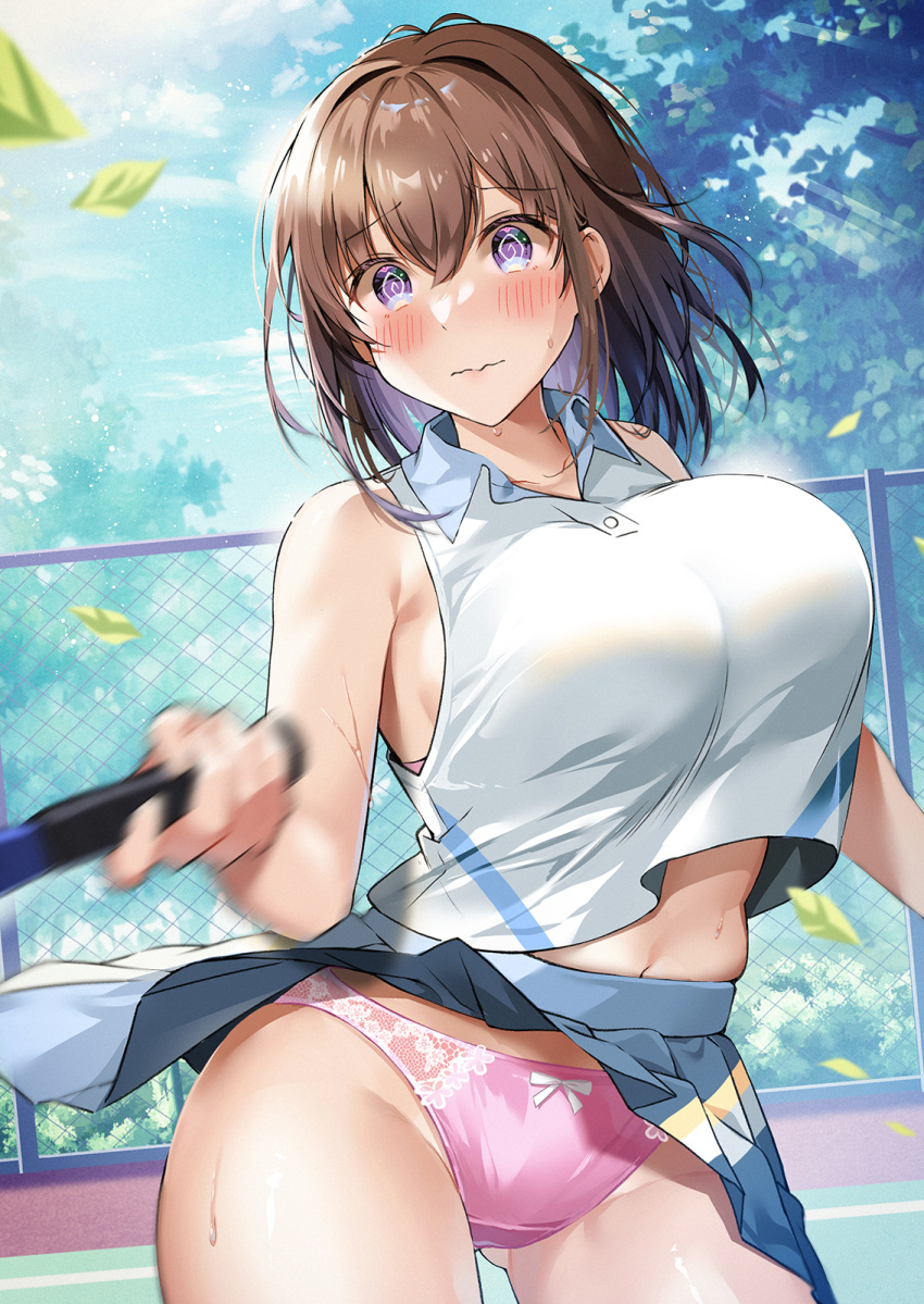 1girl @_@ ball blush bouncing_breasts breasts brown_hair hair_between_eyes hawawa-chan_(shiro_kuma_shake) highres holding holding_racket large_breasts medium_hair original panties purple_eyes racket shiro_kuma_shake shirt sleeveless solo sportswear tennis tennis_ball tennis_net tennis_racket tennis_skirt tennis_uniform two-tone_skirt underwear white_shirt