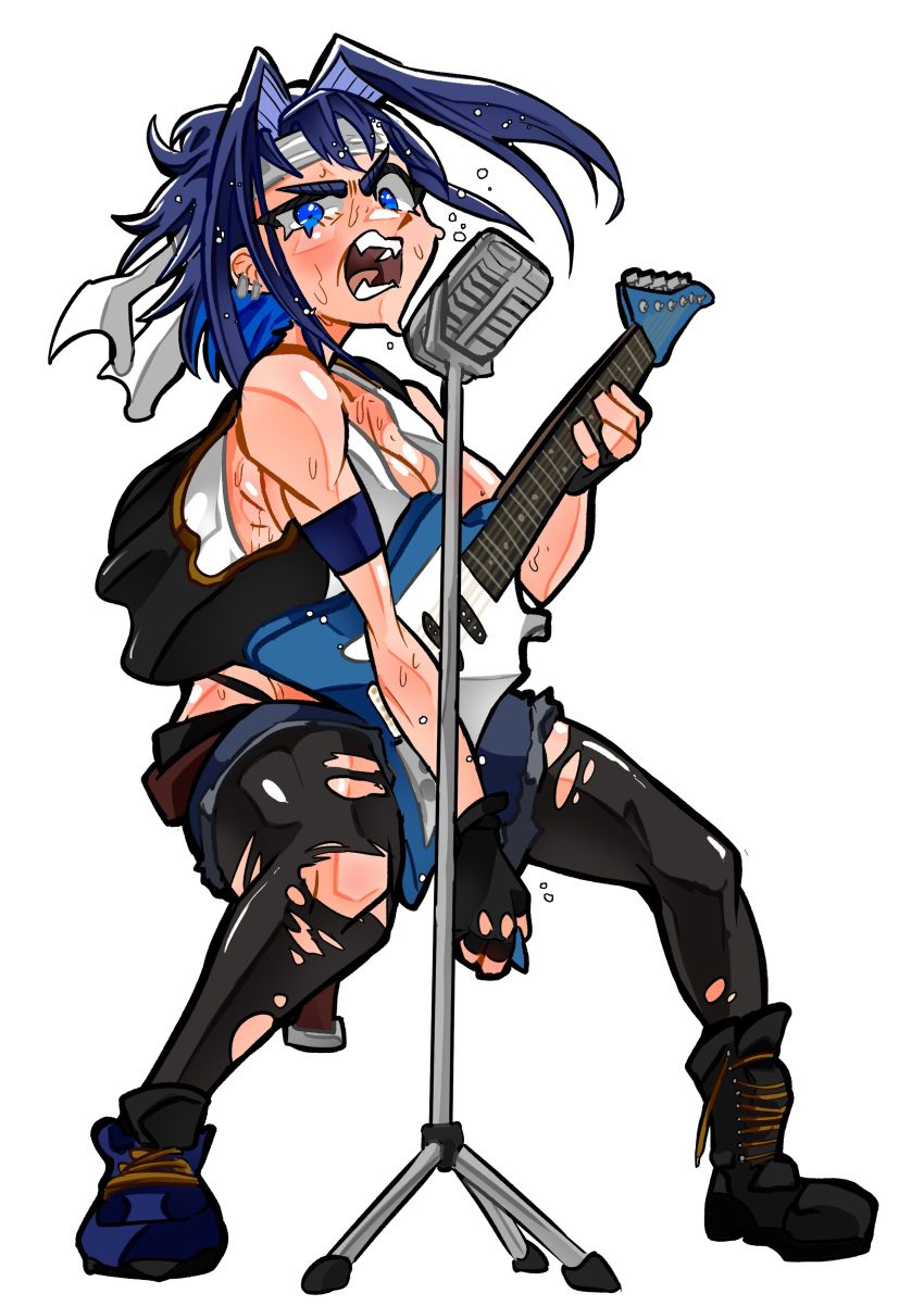 1girl absurdres bare_shoulders blue_eyes blue_hair boots breasts cleavage ear_piercing electric_guitar english_commentary eyelashes fangs fingerless_gloves floating_hair flying_sweatdrops glaring gloves guitar headband highres holocouncil hololive hololive_english instrument koizumi_arata looking_at_viewer loose_clothes messy_hair microphone microphone_stand music open_mouth ouro_kronii pants piercing plectrum short_hair simple_background singing sweat teeth thighhighs torn_clothes torn_thighhighs virtual_youtuber white_background