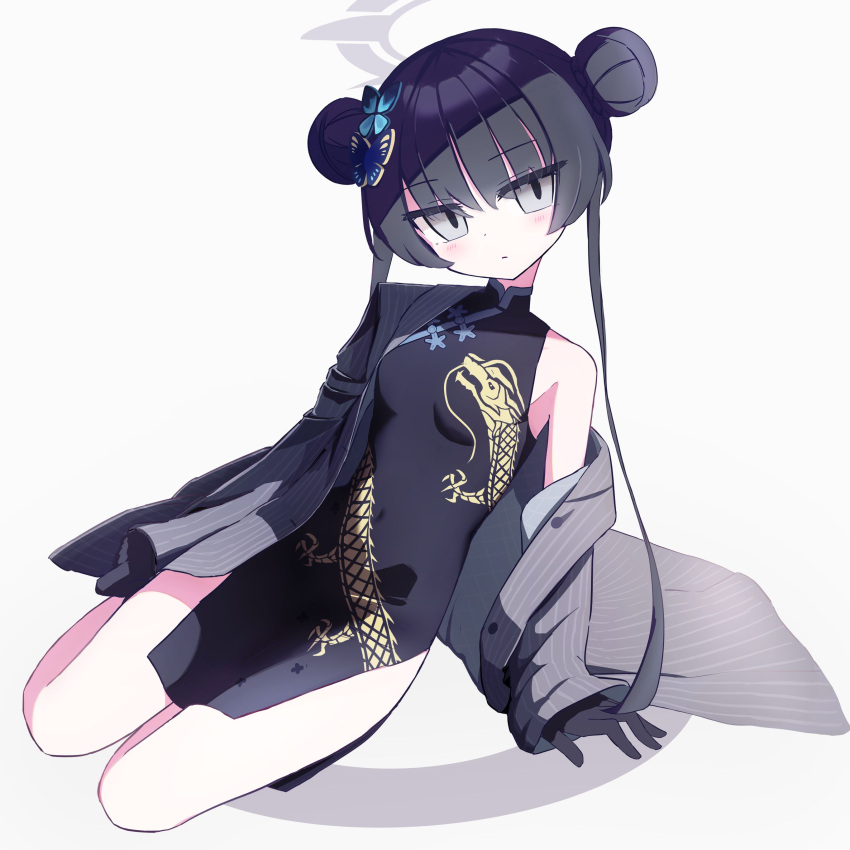 1girl absurdres bare_shoulders black_dress blue_archive china_dress chinese_clothes dress halo highres kisaki_(blue_archive) long_hair looking_at_viewer neumo_(_neumo_) simple_background solo thighs white_background