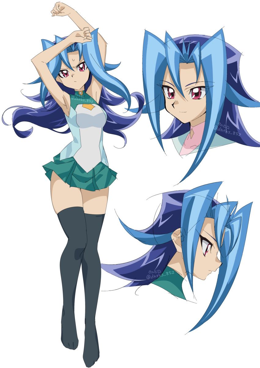 1girl armpits arms_up blue_hair breasts dakimakura_(medium) dyed_bangs flipped_hair full_body green_skirt highres kamishiro_rio knhrpnkt large_breasts long_hair looking_at_viewer multicolored_hair pleated_skirt red_eyes school_uniform skirt smile solo thighhighs two-tone_hair yu-gi-oh! yu-gi-oh!_zexal