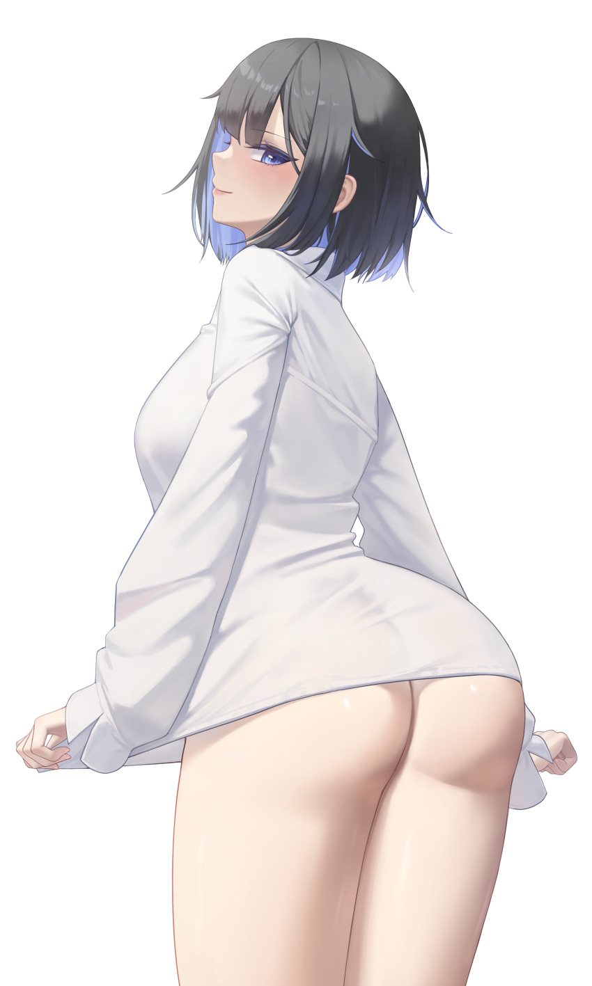 1girl absurdres ass black_hair black_survival blue_eyes blue_hair blush bottomless breasts closed_mouth collared_shirt colored_inner_hair commentary commission debi_(black_survival) eternal_return:_black_survival from_behind highres long_sleeves looking_back multicolored_hair naked_shirt shirt short_hair simple_background smile solo two-tone_hair white_background white_shirt yuzabeecha