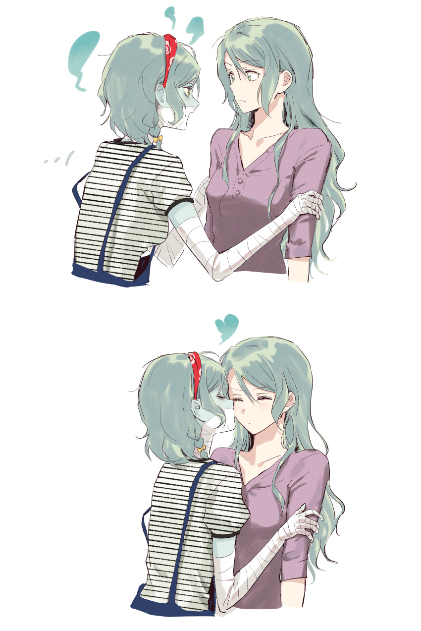 2girls absurdres aqua_hair bang_dream! braid commentary green_eyes headband heart highres hikawa_hina hikawa_sayo incest kiss kissing_cheek long_hair multiple_girls short_hair siblings side_braids sisters twincest twins white_background yuri zihacheol zombie