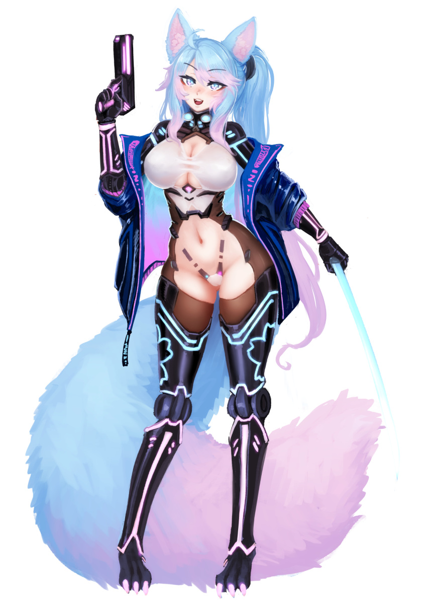 1girl :d ahoge animal_ear_fluff animal_ears ass_visible_through_thighs barbariank blue_eyes blue_hair breasts cameltoe cleavage commentary cyberpunk dual_wielding english_commentary fox_ears fox_tail full_body gradient_hair gun hair_between_eyes handgun highres holding jacket large_breasts large_tail light_blush long_hair looking_at_viewer mechanical_arms mechanical_legs multicolored_hair navel off_shoulder open_clothes open_jacket open_mouth pink_hair side_ponytail silvervale simple_background smile solo standing swept_bangs sword tail very_long_hair virtual_youtuber vshojo weapon white_background