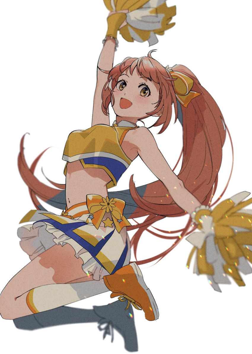 1girl arm_up armpits blurry blurry_background blurry_foreground blush bow breasts brown_eyes brown_hair cheering cheerleader cropped_shirt frilled_skirt frills highres holding holding_pom_poms idolmaster idolmaster_cinderella_girls idolmaster_cinderella_girls_starlight_stage jumping kneehighs long_hair looking_at_viewer medium_breasts midriff navel open_mouth pleated_skirt pom_pom_(cheerleading) ponytail ribbon sayasaka shirt shoes skirt smile sneakers socks solo very_long_hair wakabayashi_tomoka white_socks yellow_ribbon yellow_shirt