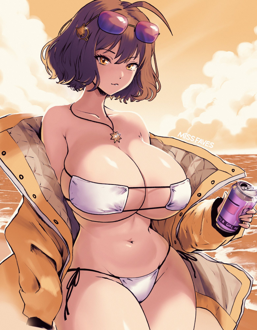 1girl ahoge anis_(nikke) anis_(sparkling_summer)_(nikke) artist_name aviator_sunglasses bikini breasts brown_hair can closed_mouth cloud english_commentary eyepatch_bikini eyewear_on_head goddess_of_victory:_nikke highres holding holding_can huge_breasts jacket jewelry light_smile long_sleeves looking_at_viewer missfaves navel necklace ocean off_shoulder official_alternate_costume open_clothes open_jacket orange_sky outdoors short_hair side-tie_bikini_bottom sky soda_can solo star_(symbol) star_necklace sunglasses swimsuit tinted_eyewear white_bikini yellow_eyes yellow_jacket