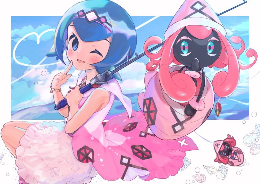 1girl ;d abe_(kumayu) blue_hair blush bracelet bubble cloud commentary_request day dress fishing_rod hairband hands_up heart highres holding holding_fishing_rod index_finger_raised jewelry lana_(pokemon) lana_(sygna_suit)_(pokemon) looking_at_viewer official_alternate_costume one_eye_closed open_mouth outdoors pokemon pokemon_(creature) pokemon_(game) pokemon_masters_ex short_hair sky smile tapu_lele