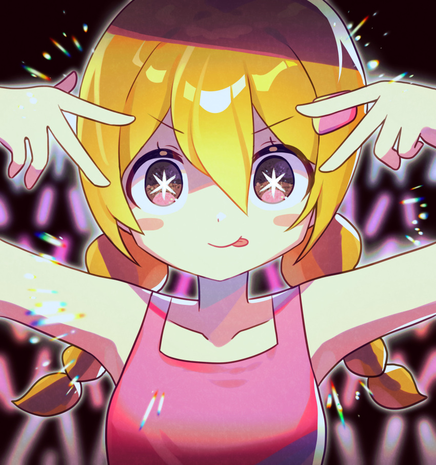 1girl :p absurdres armpits blush closed_mouth hair_ornament hairclip hands_up highres hoshino_ai's_pose idol_(rhythm_tengoku) long_hair looking_at_viewer low_twintails offbeat oshi_no_ko parted_bangs rhythm_tengoku sleeveless smile solo sparkle sparkling_eyes tongue tongue_out twintails v