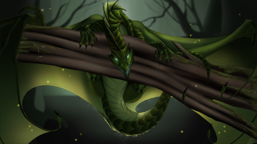 2022 anus dragon dragon_(dnd) dungeons_and_dragons female feral front_view genitals glowing glowing_eyes green_body green_dragon_(dnd) green_scales hasbro hi_res membrane_(anatomy) membranous_wings nude plant pussy scales scalie skyebold solo spread_wings tree western_dragon wings wizards_of_the_coast