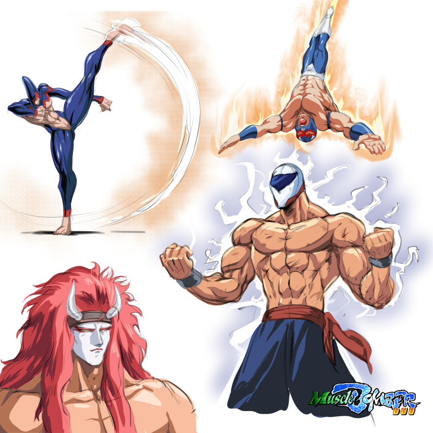 4boys absurdres black_widow_(slam_masters) capcom clenched_hands commentary_request el_stingray energy facepaint gameplay_mechanics hara_tetsuo_(style) highres horns japanese_clothes jumping kabuki kicking logo luchador luchador_mask manly mask mixed-language_commentary multiple_boys muscular muscular_male mysterious_budo official_style oni_horns phantomstudio-tommy ring_of_destruction:_slam_masters_ii saturday_night_slam_masters serious the_scorpion_(slam_masters) title wrestler