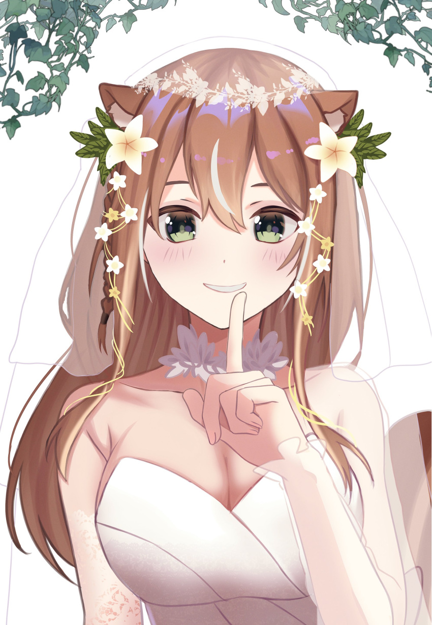 1girl absurdres animal_ear_fluff animal_ears ayunda_risu breasts bridal_veil choker cleavage collarbone dress flower green_eyes hair_flower hair_ornament highres hololive hololive_indonesia leaf_hair_ornament looking_at_viewer medium_breasts multicolored_hair parted_lips pointing pointing_up smile snackbar_(rimartwork) solo squirrel_ears squirrel_girl squirrel_tail streaked_hair tail veil virtual_youtuber white_background white_choker white_dress white_flower white_hair yellow_flower