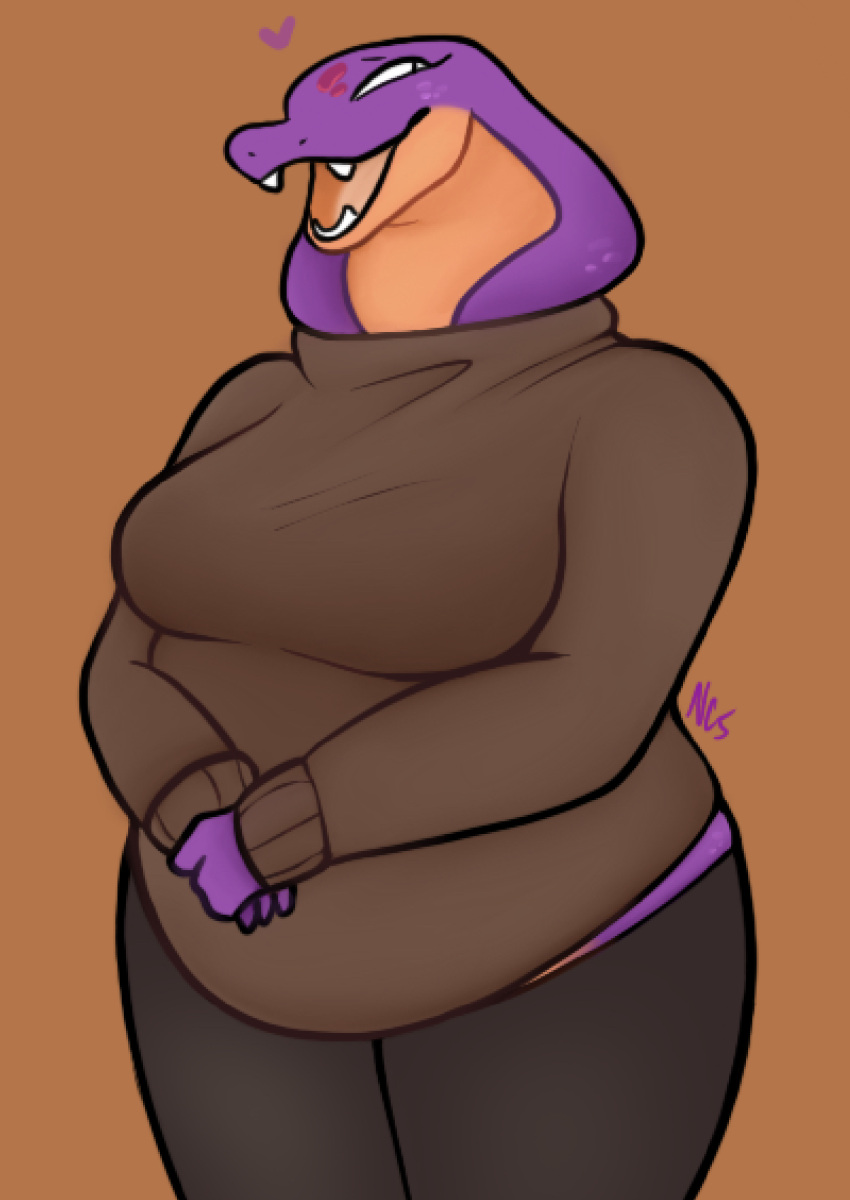 2023 anthro bottomwear chubby_anthro chubby_female clothed clothing cobra female hi_res keeshee lamarian ncs orange_background pants purple_body reptile scalie simple_background snake snake_hood solo