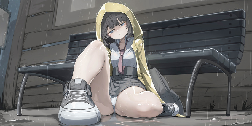 bench blue_eyes breasts brown_hair commentary foreshortening genek grey_footwear looking_at_viewer medium_breasts necktie on_floor original panties pantyshot partially_unbuttoned rain shirt shoes short_hair sitting skirt sneakers thighs underwear white_panties white_shirt yellow_raincoat