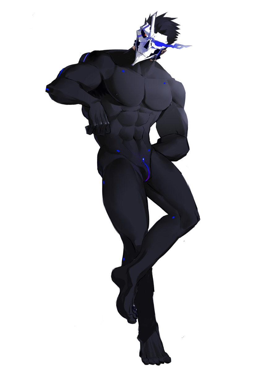 1boy bara black_bodysuit bodysuit covered_abs covered_nipples eye_trail full_body highres horned_mask invisible_wall large_pectorals light_trail looking_at_viewer male_focus mask muscular muscular_male neon_trim original pectorals rathalosx4 short_hair solo thick_eyebrows thighs