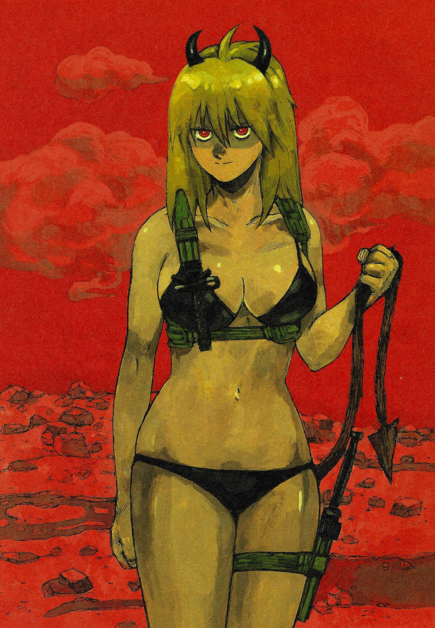 1girl antenna_hair bikini black_bikini blonde_hair breasts cleavage cloud collarbone cowboy_shot demon_girl demon_horns demon_tail dorohedoro highres horns jitome knife looking_at_viewer medium_hair navel nikaidou_(dorohedoro) non-web_source official_art q._hayashida red_background red_eyes solo swimsuit tail thigh_strap