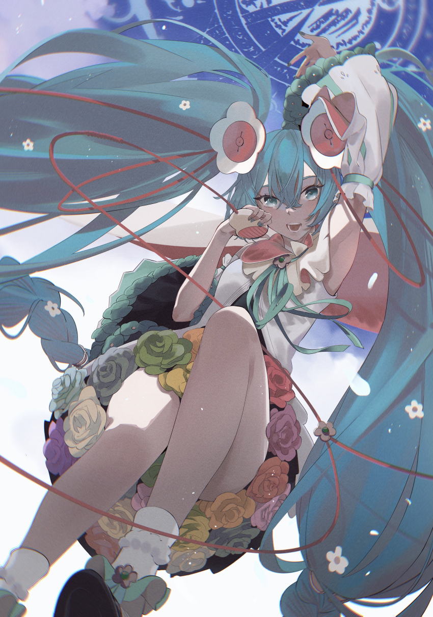1girl absurdly_long_hair absurdres arm_up armpits blue_eyes blue_hair blue_nails chromatic_aberration commentary detached_sleeves dress feet_out_of_frame flower frilled_sleeves frills hair_between_eyes hair_flower hair_ornament hatsune_miku highres holding holding_microphone igawa_hikaru light_particles long_hair looking_at_viewer magical_mirai_(vocaloid) magical_mirai_miku magical_mirai_miku_(2021) microphone nail_polish open_mouth sidelocks socks solo teeth twintails very_long_hair vocaloid white_dress white_socks