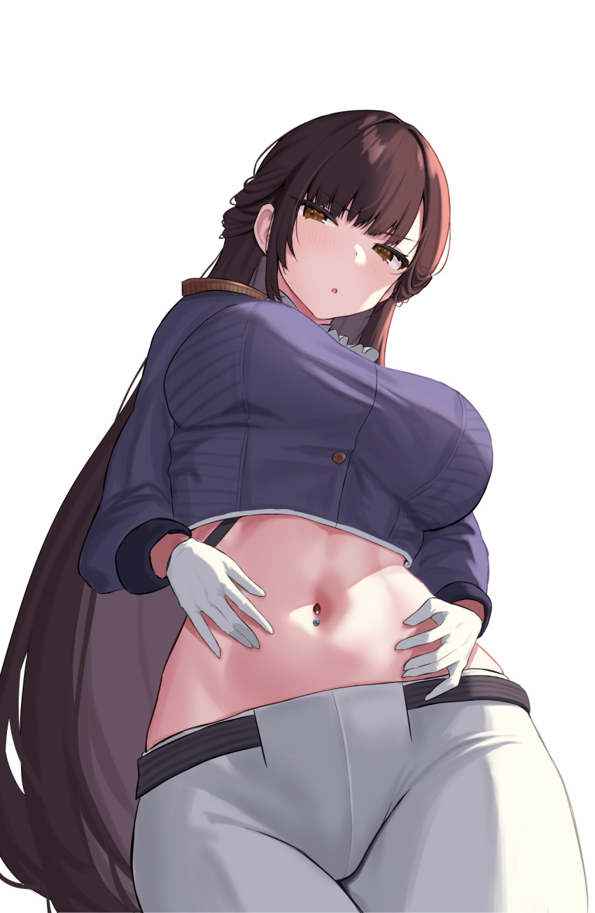 1girl :o ascot black_jacket blush breasts brown_eyes brown_hair commentary contrapposto cowboy_shot crop_top cropped_jacket epaulettes from_below gloves goddess_of_victory:_nikke half_updo hands_on_own_stomach highres jacket large_breasts long_hair looking_at_viewer marciana_(nikke) midriff military_jacket military_uniform navel navel_piercing open_mouth pants piercing sidelocks simple_background solo standing taut_jacket tight_clothes tight_pants uniform very_long_hair white_ascot white_background white_gloves white_pants xi_oshir1