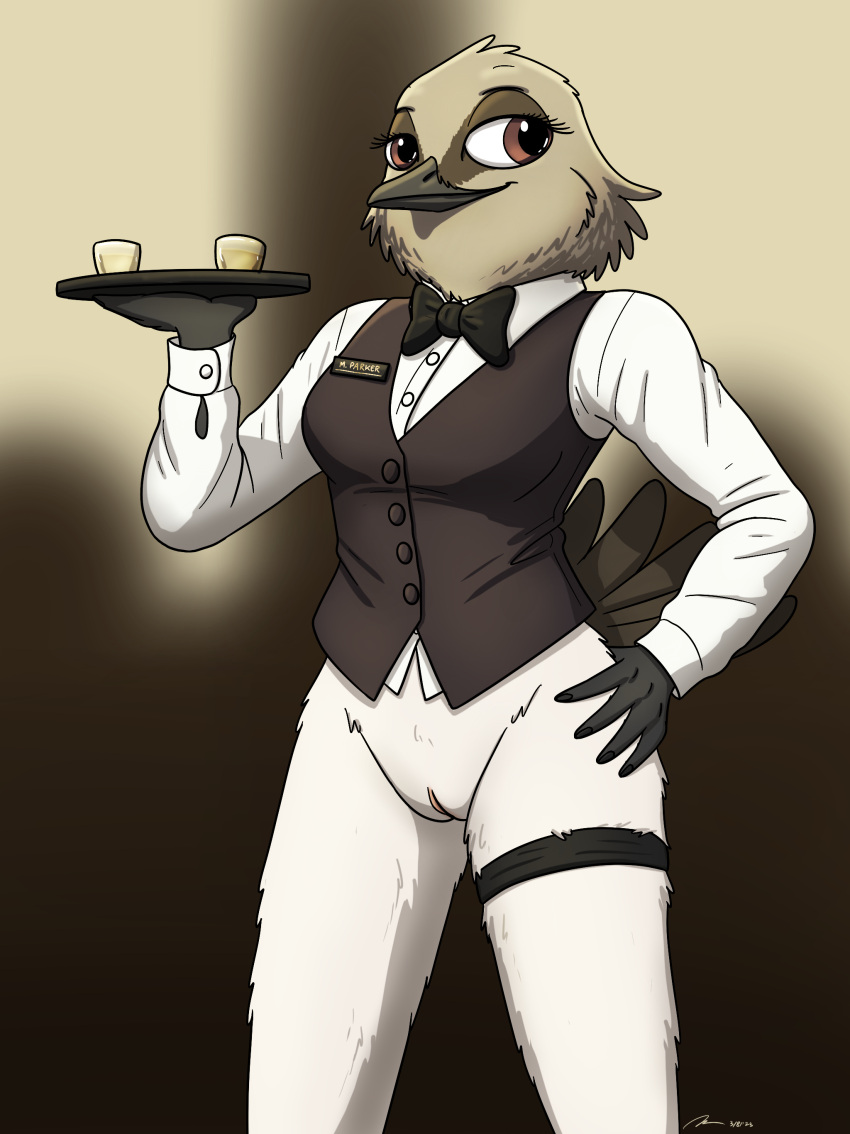 absurd_res anthro avian bird black_tie_(suit) bottomless bow_tie casual_exposure clothed clothing dress_shirt female fish_birb genitals hi_res leg_strap millie_(fish_birb) oscine passerine pussy shirt solo starling_(bird) suit topwear vest waiter waiter_suit waiter_tray