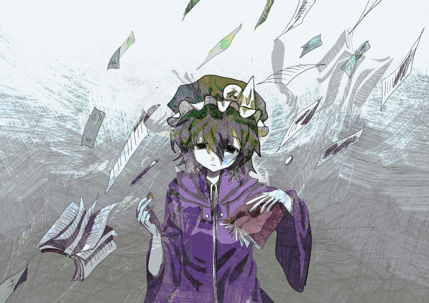 1other absurdres androgynous bingkuaihei black_eyes black_hair black_headwear black_shirt book coin collared_shirt frilled_hat frills hat highres holding holding_book holding_coin hood hood_down hooded_jacket jacket len'en looking_at_viewer open_clothes open_jacket other_focus papers pen purple_jacket shirt shitodo_kuroji short_hair solo wide_sleeves