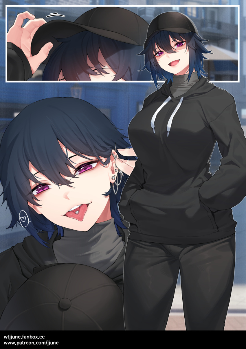 1girl adjusting_hair black_hair chain contrapposto ear_piercing hands_in_pocket hat head_tilt heart highres hood hoodie jjune looking_at_viewer medium_hair original outdoors piercing purple_eyes spoken_heart tongue tongue_out tongue_piercing turtleneck