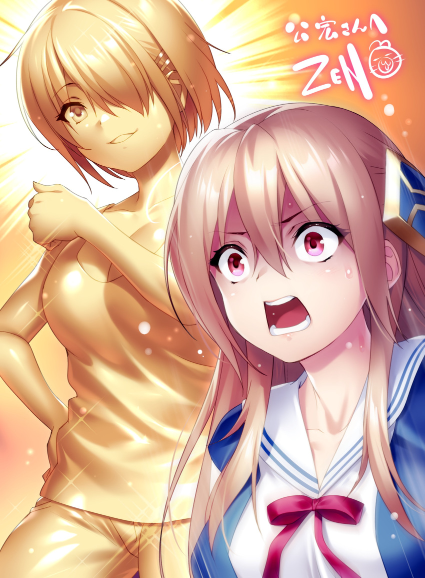 2girls absurdres blonde_hair breasts clannad cleavage commentary_request commission company_connection cosplay emphasis_lines eyelashes eyes_visible_through_hair hair_between_eyes hair_ornament hair_over_one_eye hairclip hand_on_own_hip heaven_burns_red highres kayamori_ruka key_(company) large_breasts long_hair looking_at_another multiple_girls one_eye_covered orange_background parted_lips rectangular_mouth red_eyes red_ribbon ribbon sailor_collar sakagami_takafumi sakagami_takafumi_(cosplay) sakagami_tomoyo sakagami_tomoyo_(cosplay) scene_reference school_uniform second-party_source shaded_face shirakawa_yuina short_hair sidelocks simple_background skeb_commission smile sparkle surprised sweat teeth tomoyo_after white_sailor_collar wide-eyed zen_(kamuro)