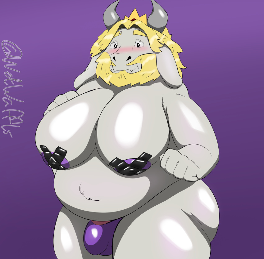 anthro areola asgore_dreemurr belly big_belly big_bulge big_butt big_moobs blonde_hair blush bovid bulge butt caprine clothing crown goat hair headgear hi_res horn long_ears looking_at_viewer male mammal moobs nipple_tape nipples pasties purple_areola purple_background purple_clothing purple_nipples purple_thong purple_underwear simple_background solo tape thick_thighs thong undertale_(series) underwear wetwaffls