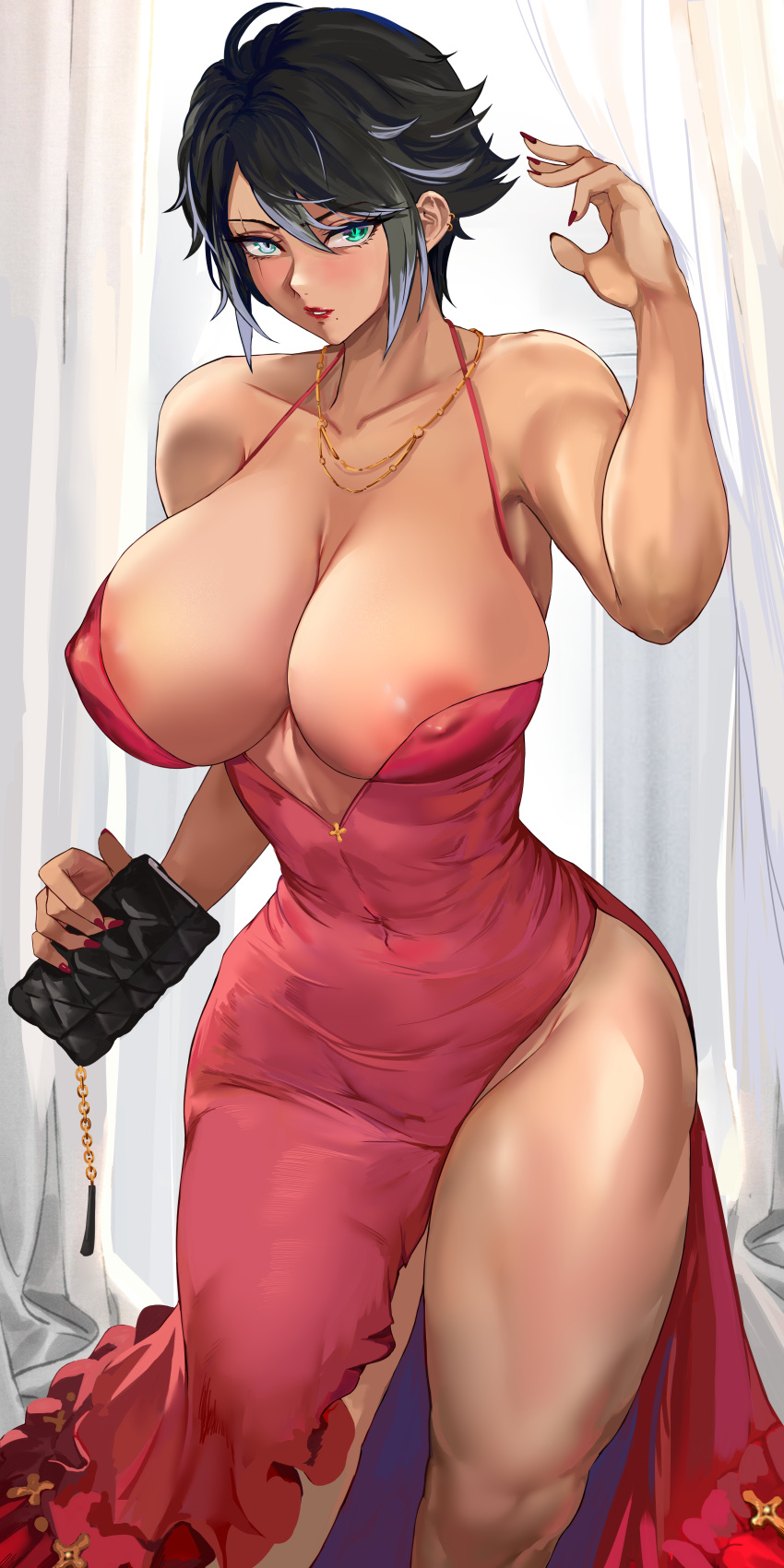 1girl absurdres areola_slip bare_arms bare_shoulders black_hair breasts cleavage collarbone covered_navel covered_nipples dress green_eyes hand_up highres holding holding_wallet jewelry looking_at_viewer loooyd necklace original parted_lips red_dress short_hair solo thighs wallet