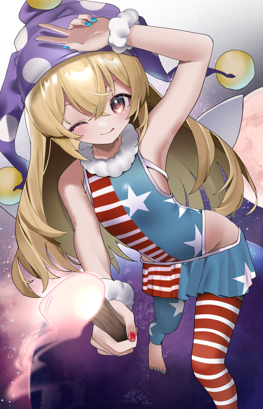 american_flag_legwear american_flag_leotard american_flag_skirt barefoot blonde_hair clownpiece fairy fairy_wings hat highres holding holding_torch jester_cap leggings leotard leotard_under_clothes long_hair neck_ruff polka_dot polka_dot_headwear purple_headwear sakaki_(utigi) star_(symbol) star_print striped striped_leggings striped_leotard torch touhou very_long_hair wings yellow_eyes