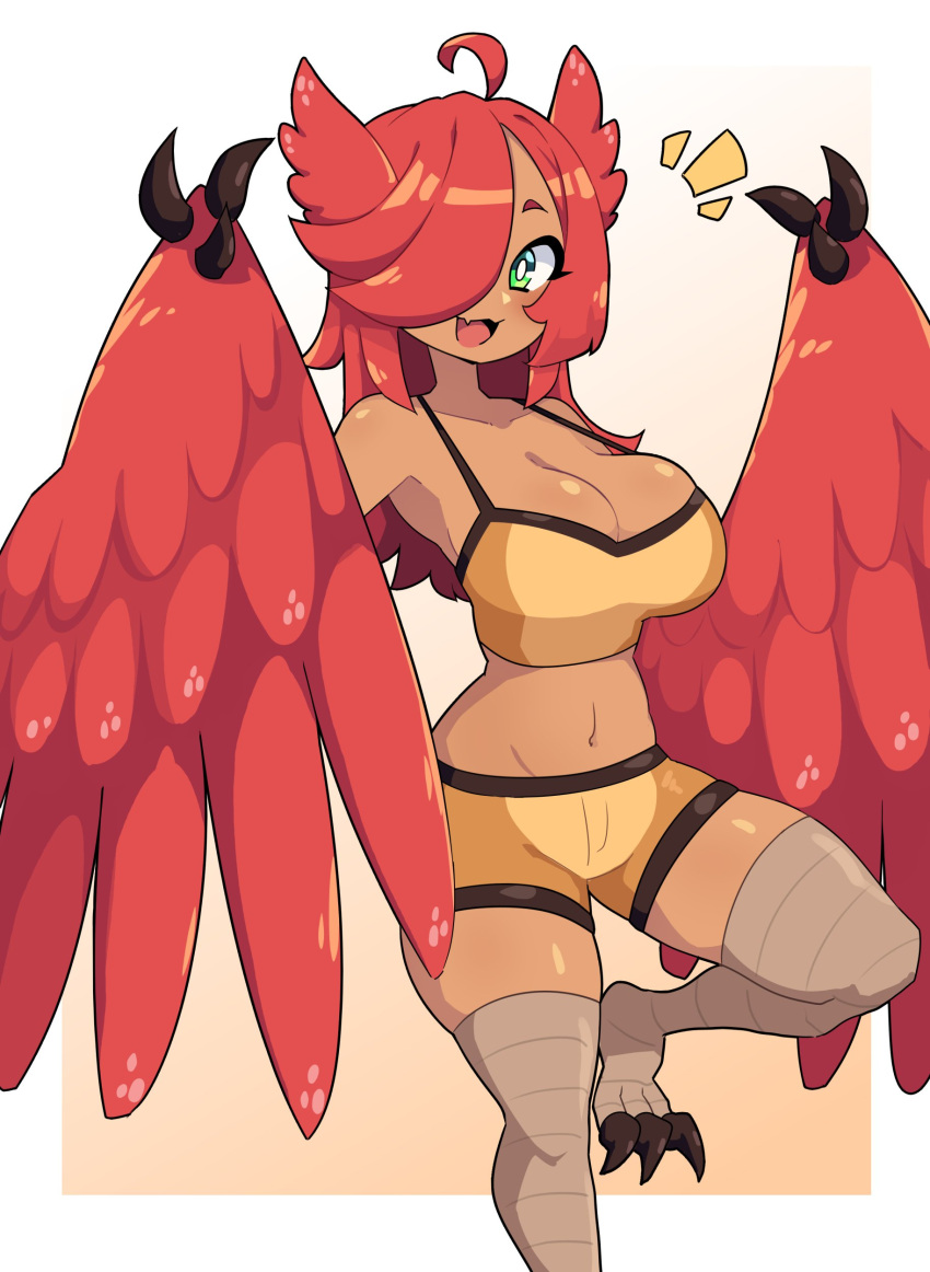 1girl absurdres ahoge animal_ears bare_shoulders bird_ears bird_legs blush breasts claws cleavage commentary daigada english_commentary fang feathered_wings feathers green_eyes hair_over_one_eye harpy highres large_breasts long_hair looking_at_viewer midriff monster_girl navel notice_lines open_mouth original red_feathers red_hair red_wings shorts skin_fang solo spaghetti_strap talons tan tank_top two-tone_background white_background winged_arms wings yellow_background yellow_shorts yellow_tank_top