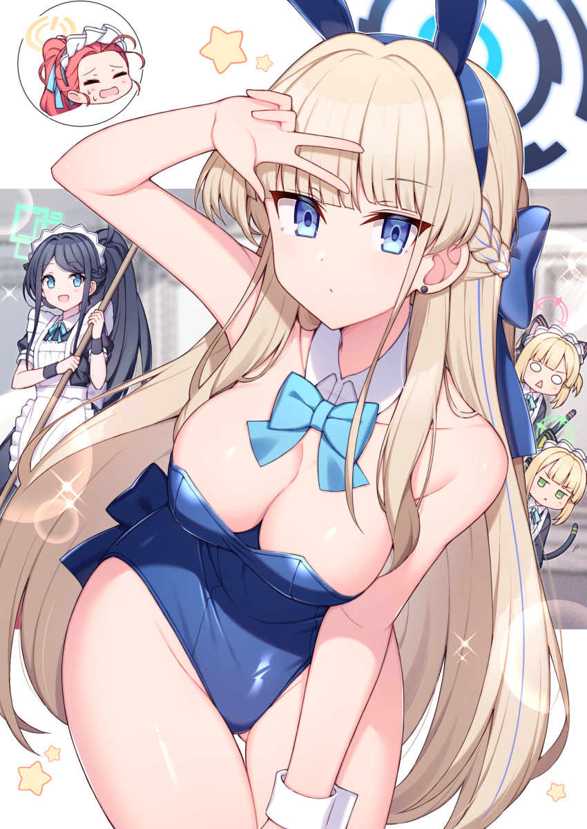 5girls animal_ears aris_(blue_archive) aris_(maid)_(blue_archive) arm_up ass_visible_through_thighs bare_shoulders blonde_hair blue_archive blue_bow blue_eyes blue_hairband blue_leotard blunt_bangs bow bowtie braid breasts cleavage closed_mouth commentary detached_collar earrings fake_animal_ears game_development_department_(blue_archive) hair_between_eyes hairband halo highleg highleg_leotard highres jewelry leaning_forward lens_flare leotard long_hair long_sleeves looking_at_viewer medium_breasts midori_(blue_archive) midori_(maid)_(blue_archive) momoi_(blue_archive) momoi_(maid)_(blue_archive) multiple_girls official_alternate_costume official_alternate_hairstyle parted_bangs playboy_bunny rabbit_ears short_hair short_sleeves sidelocks sleeveless solo_focus sparkle star_(symbol) stud_earrings t@ke-g thighhighs thighs toki_(blue_archive) toki_(bunny)_(blue_archive) very_long_hair w white_thighhighs wrist_cuffs yuzu_(blue_archive) yuzu_(maid)_(blue_archive)