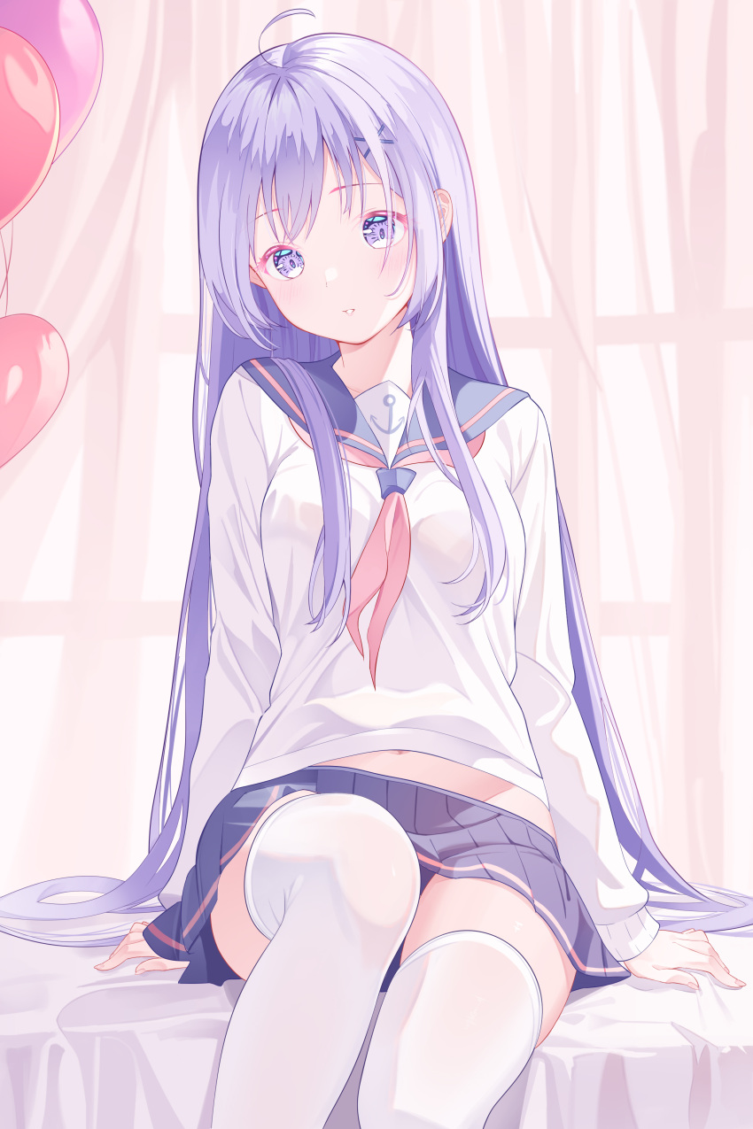 1girl absurdres ahoge alternate_hairstyle azur_lane balloon breasts commentary feet_out_of_frame hair_down hair_ornament highres indoors long_hair long_sleeves midriff_peek neckerchief parted_lips pink_neckerchief pleated_skirt purple_eyes purple_hair purple_sailor_collar purple_skirt sailor_collar school_uniform serafuku sidelocks sitting skirt sleeve_cuffs solo thighhighs unicorn_(azur_lane) unicorn_(long-awaited_date)_(azur_lane) very_long_hair white_serafuku white_thighhighs x_hair_ornament zettai_ryouiki zuu_(qq770463651)