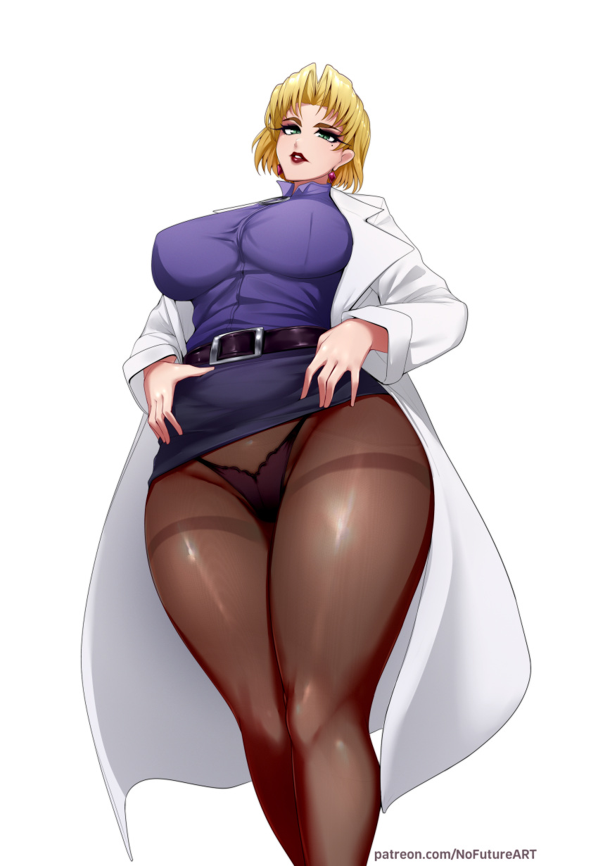 absurdres akagi_ritsuko belt belt_buckle blonde_hair breasts buckle clothes_lift coat ear_piercing earrings green_eyes highres jewelry lab_coat large_breasts lips looking_at_viewer neon_genesis_evangelion nofuture open_clothes open_coat paid_reward_available panties pantyhose parted_bangs parted_lips patreon_username piercing purple_shirt red_lips shirt short_hair simple_background skirt skirt_lift underwear upper_body white_background