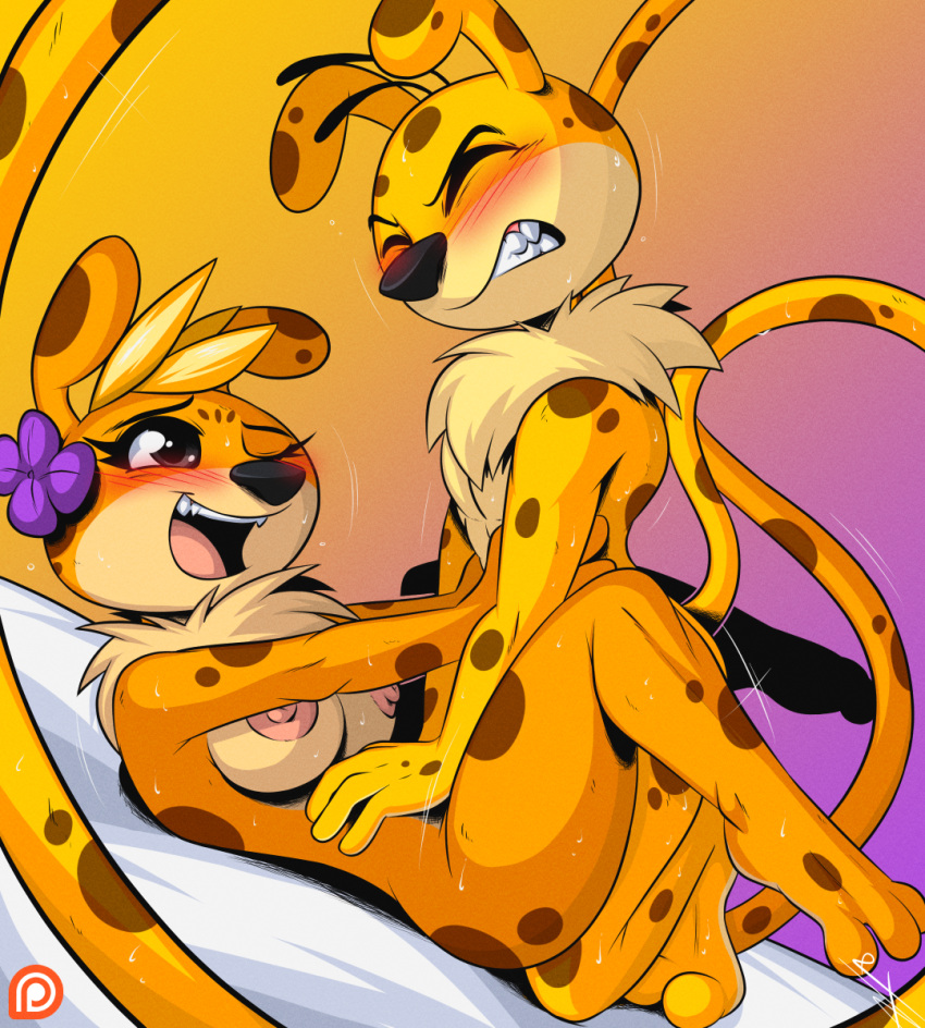 2023 anthro anthro_on_anthro black_nose blonde_hair breasts clenched_teeth digital_media_(artwork) duo dutch_angle euyoshi89 eyes_closed female flower_on_head hair hi_res male male/female marsupilami marsupilami_(character) marsupilami_(series) nipples nude one_eye_closed open_mouth sex smile spots spotted_body teeth