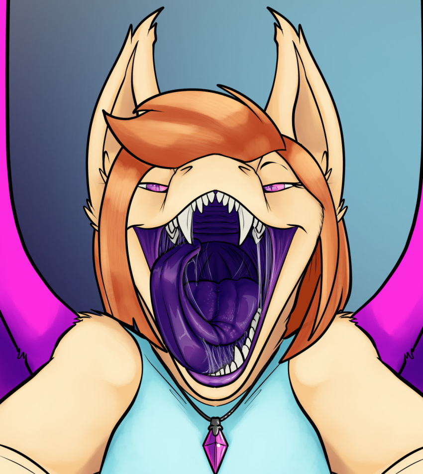 akudrache anthro bat big_tongue bodily_fluids drooling fangs female front_view grinning_at_viewer hi_res imminent_vore mammal mouth_shot open_mouth pendant rias_umbra saliva sharp_teeth solo teeth thick_tongue tongue vore