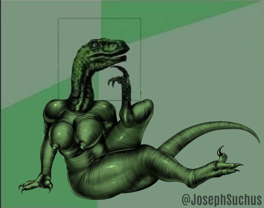 3_fingers anthro breasts butt claws dinosaur dromaeosaurid female fingers hi_res humanoid josephsuchus jurassic_park jurassic_world looking_away nipples nude paws raised_tail reptile scalie simple_background solo tail theropod universal_studios