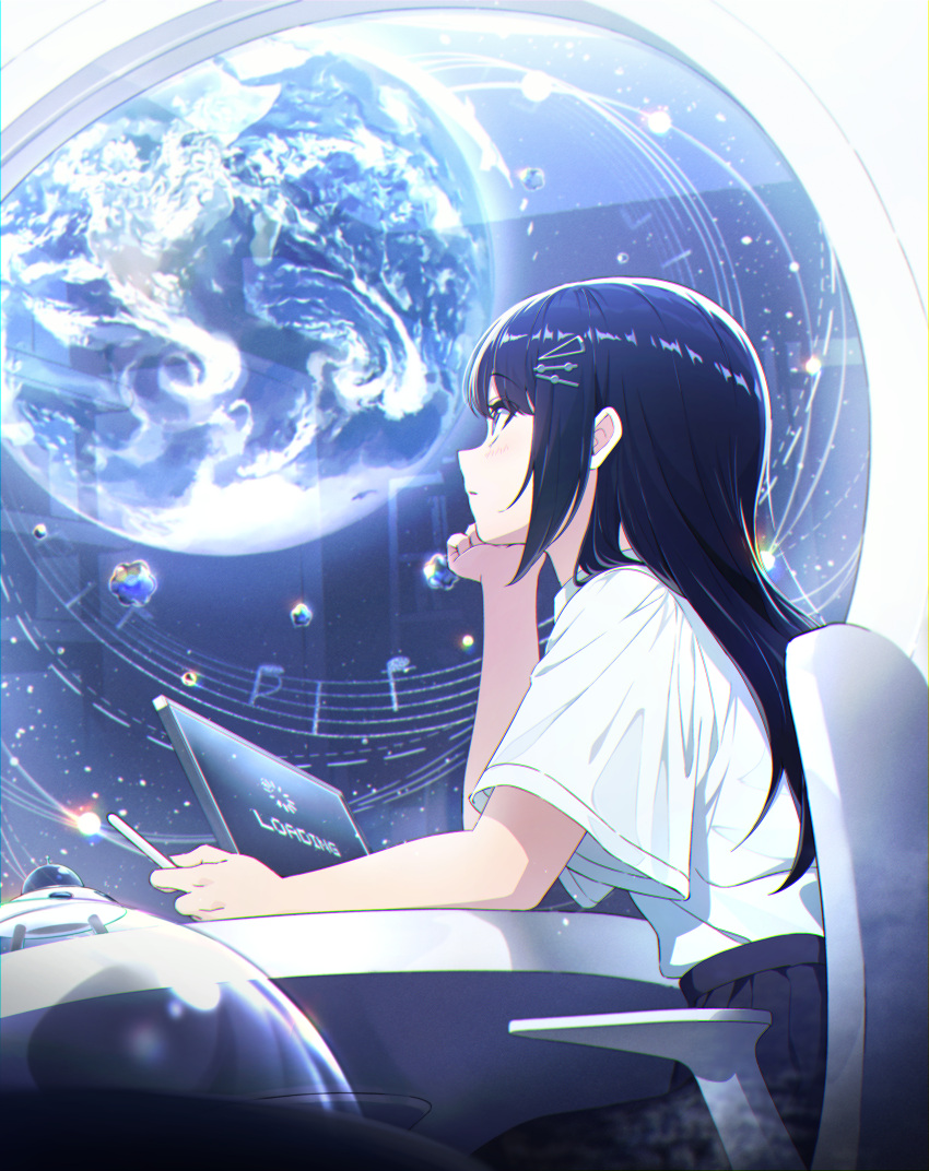 0v0_(l_seohui) 1girl absurdres black_hair blush character_request earth_(planet) hair_ornament hairclip highres holding loading_screen musical_note planet shirt sitting sky space star_(sky) starry_sky tablet_pc uchuu_senkan_yamato white_shirt window