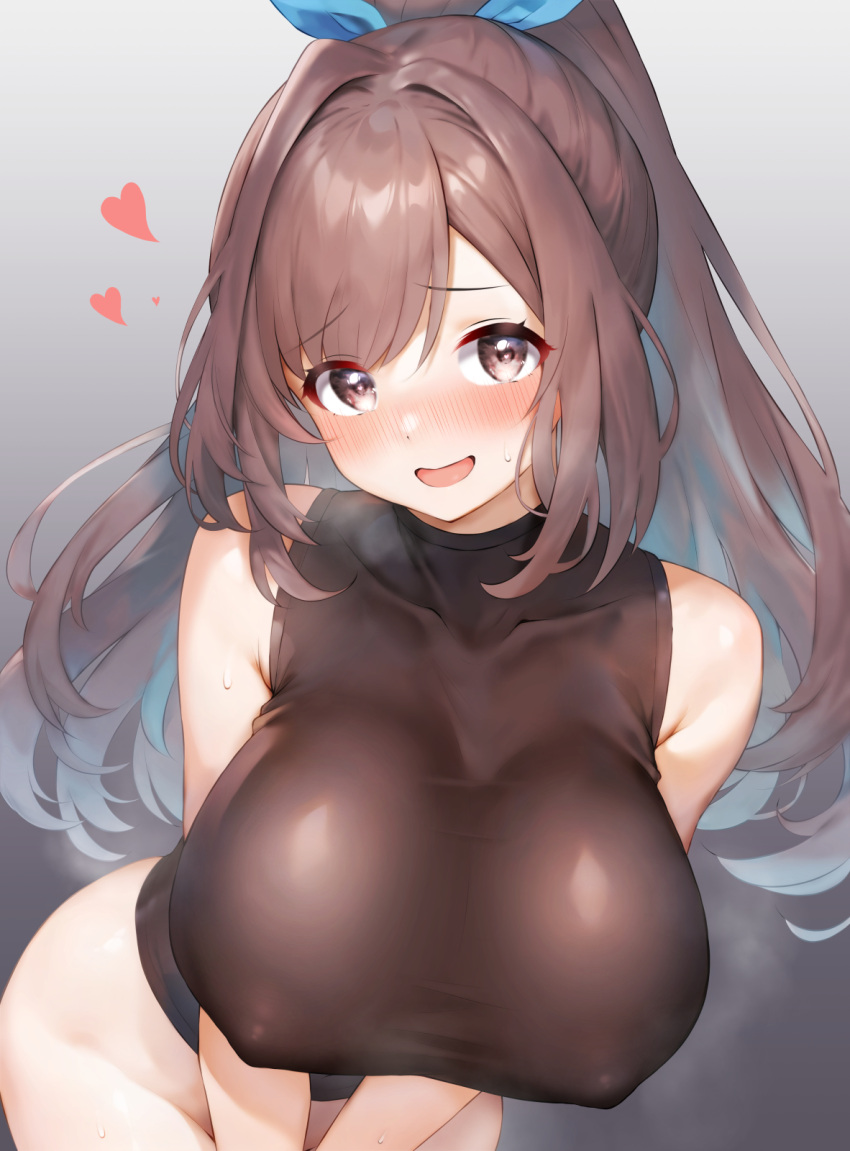 1girl armpit_crease bare_arms bare_shoulders black_shirt blue_ribbon blush bottomless breasts brown_eyes brown_hair commentary_request covered_collarbone covered_nipples covering_crotch covering_privates cowboy_shot gradient_background grey_background groin hair_ribbon heart heavy_breathing high_ponytail highres idolmaster idolmaster_shiny_colors large_breasts leaning_forward long_hair looking_at_viewer nervous_smile nose_blush open_mouth ponytail qianlou_(qianlou12374) raised_eyebrows ribbon shirt sleeveless sleeveless_shirt smile solo standing steaming_body sweat tsukioka_kogane v_arms