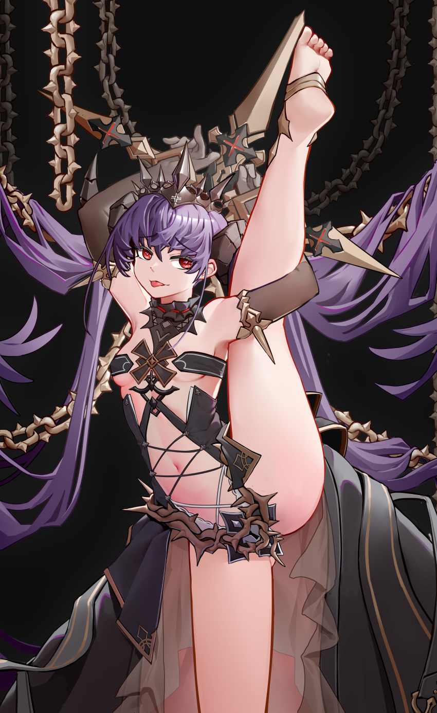 1girl :p absurdres arms_behind_head azur_lane bare_legs bird black_dress breasts chain cross cross-laced_clothes cross-laced_dress crow dress elbow_gloves felix_schultz_(azur_lane) flexible gloves hair_between_eyes heart heart-shaped_pupils highres holding_own_leg iron_cross leg_hold leg_up legs long_hair looking_at_viewer midriff mihua_mh navel purple_hair red_eyes revealing_clothes small_breasts smile solo split standing standing_on_one_leg standing_split stomach symbol-shaped_pupils thighs tongue tongue_out underboob very_long_hair