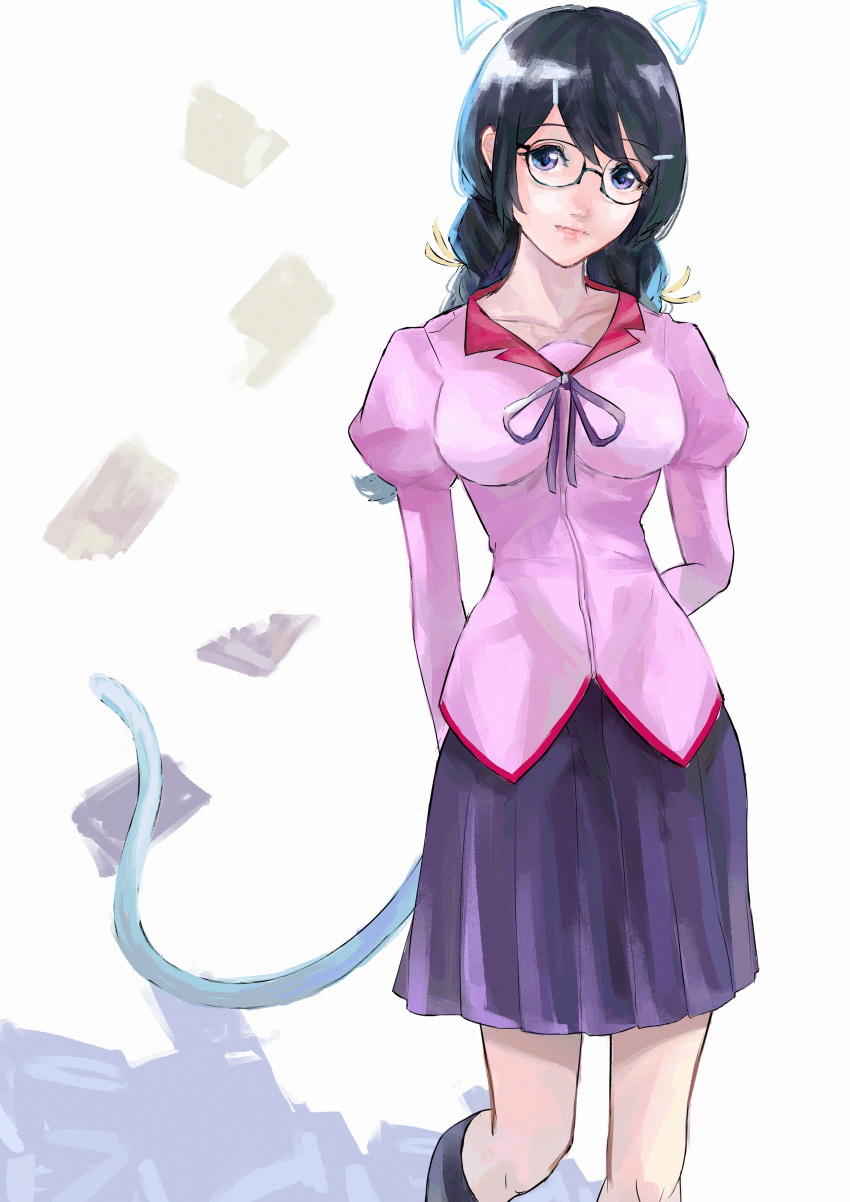 1girl absurdres animal_ears arms_behind_back black_hair black_socks book braid breasts cat_ears cat_girl cat_tail closed_mouth collarbone commentary expressionless fake_animal_ears feet_out_of_frame glasses hanekawa_tsubasa highres juliet_sleeves kneehighs large_breasts lips long_hair long_sleeves looking_at_viewer monogatari_(series) naoetsu_high_school_uniform neck_ribbon pile_of_books pink_shirt pleated_skirt puffy_sleeves purple_eyes purple_ribbon purple_skirt ribbon school_uniform shirt simple_background skirt socks solo tail takamiya2222 twin_braids white_background