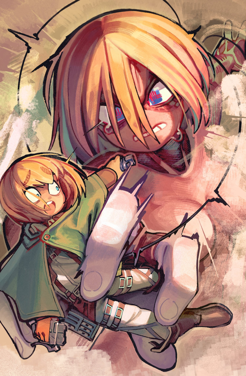 &gt;:( 1boy 1girl :o armin_arlert blonde_hair blue_eyes boots brown_footwear carrying carrying_person catching chest_belt clenched_teeth cloak exposed_muscle female_titan from_above giant giantess green_cloak hair_between_eyes highres knee_boots open_mouth outstretched_arm pants shingeki_no_kyojin shirt short_hair size_difference surprised teeth three-dimensional_maneuver_gear titan_(shingeki_no_kyojin) v-shaped_eyebrows wamudraws white_pants white_shirt wide-eyed