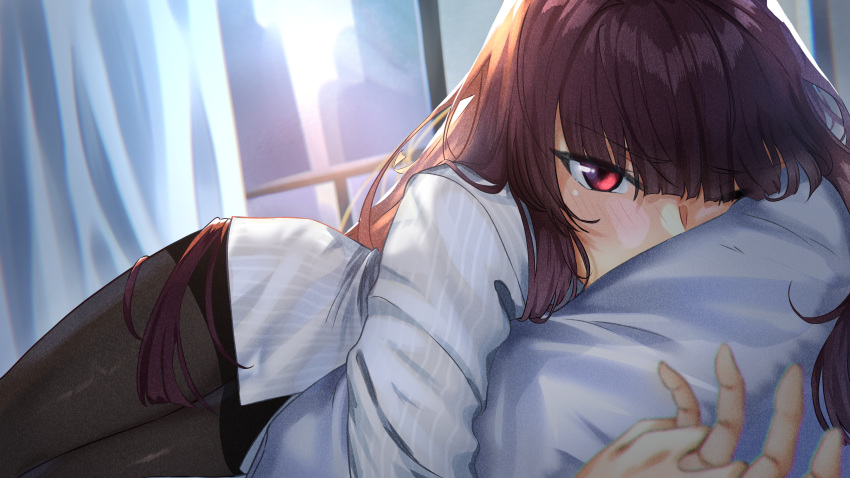 1girl absurdres backlighting black_pantyhose blurry blurry_background blush chromatic_aberration commentary curtains english_commentary film_grain girls'_frontline hair_between_eyes highres indoors interlocked_fingers long_hair long_sleeves looking_at_viewer object_hug on_bed pantyhose pillow pillow_hug purple_hair red_eyes shidoni shirt sidelocks solo_focus wa2000_(girls'_frontline) white_shirt