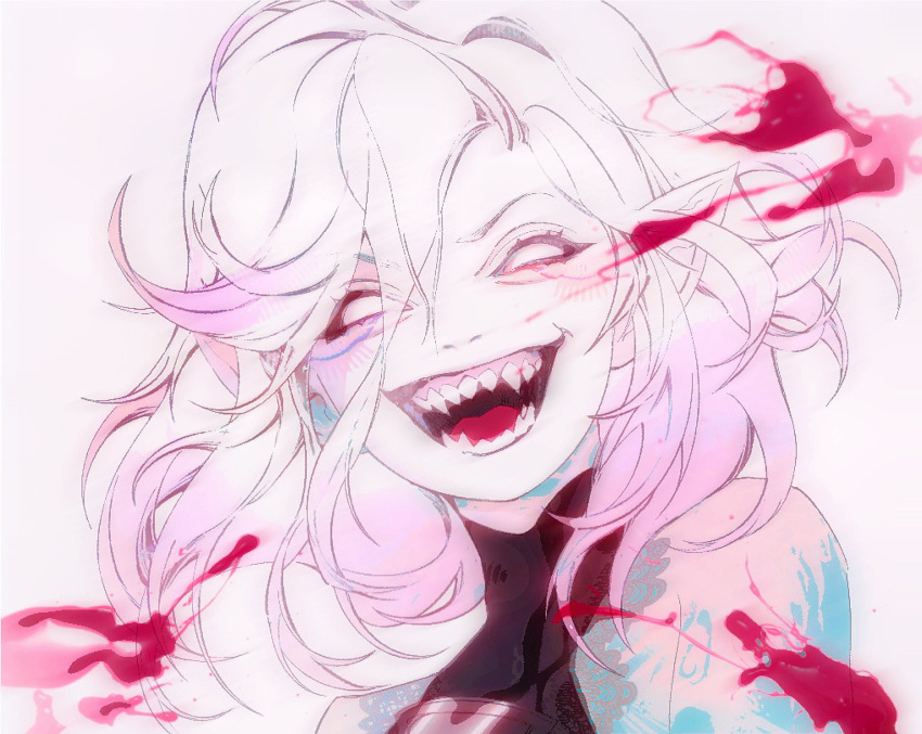 1girl arm_tattoo blood briar_(league_of_legends) fangs hair_between_eyes highres jian_tai_(cuoyu0) league_of_legends looking_at_viewer medium_hair no_pupils open_mouth pointy_ears sharp_teeth smile solo tattoo teeth upper_body v-shaped_eyebrows vampire white_eyes