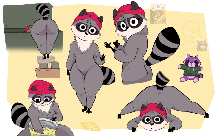 ambiguous_gender anthro ass_up beanie bent_over big_butt butt clothing featureless_crotch fur grey_body grey_fur hat headgear headwear hi_res jack-o'_pose mammal markings n0b0dy pose procyonid raccoon short_stack solo striped_markings striped_tail stripes tail tail_markings thick_thighs wide_hips