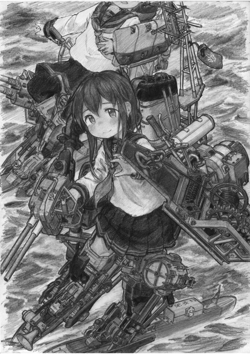 2girls adapted_turret anchor_symbol character_request greyscale highres inazuma_(kancolle) irokawara_naomitsu kantai_collection machinery monochrome multiple_girls pleated_skirt rigging sailor_collar school_uniform serafuku skirt smokestack standing standing_on_liquid