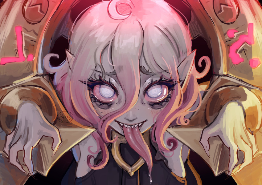 1girl absurdres ahoge artist_name briar_(league_of_legends) chained_wrists colored_sclera grey_eyes grey_hair hair_between_eyes hands_up hexyraart highres league_of_legends long_tongue looking_at_viewer pink_hair pink_sclera pointy_ears sharp_teeth signature smile solo teeth tongue tongue_out upper_teeth_only