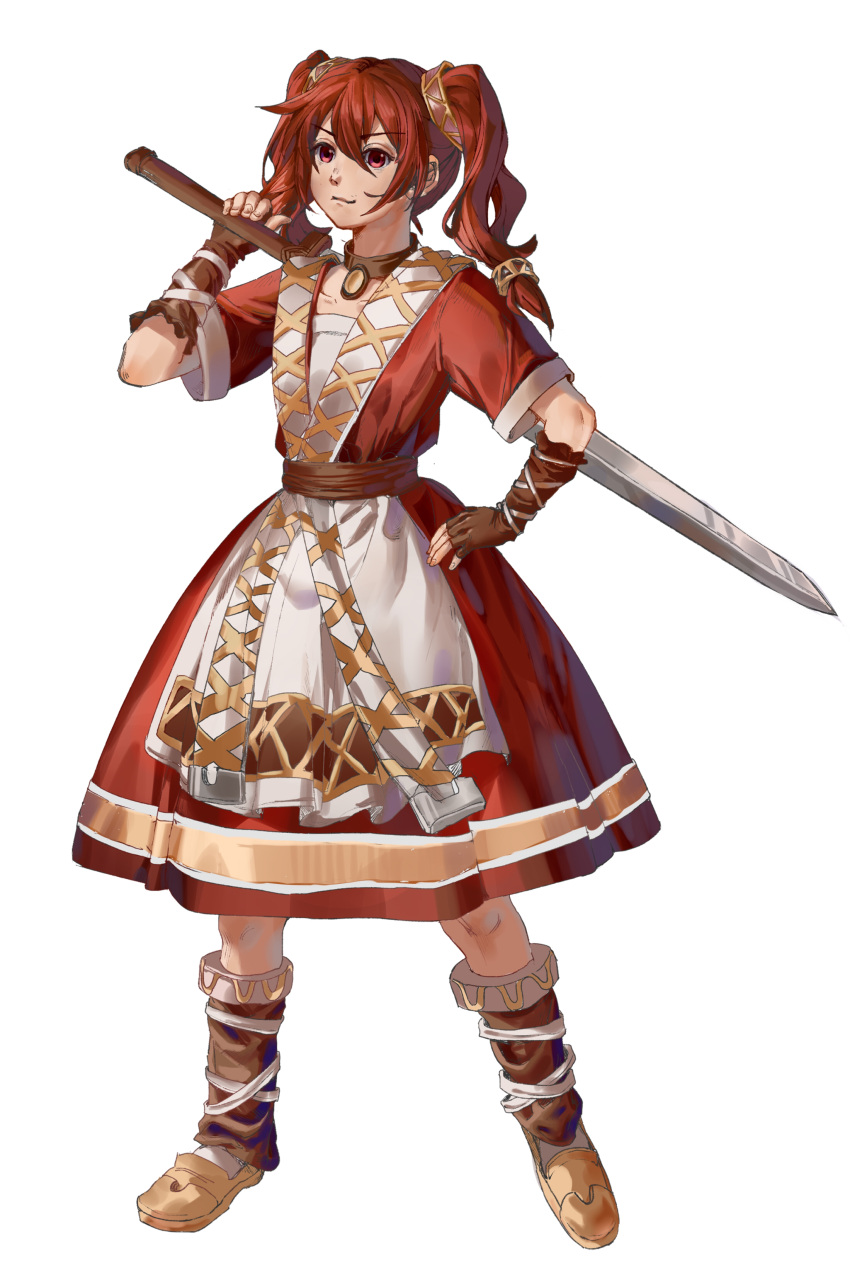 1girl absurdres arcturus boots brown_choker brown_footwear brown_gloves brown_sash choker closed_mouth dress fingerless_gloves flat_chest full_body gloves hand_on_own_hip highres holding holding_sword holding_weapon long_hair looking_at_viewer maria_kates over_shoulder red_dress red_eyes red_hair shirt short_sleeves simple_background smile solo standing sword sword_over_shoulder twintails weapon weapon_over_shoulder white_background white_shirt xiansan